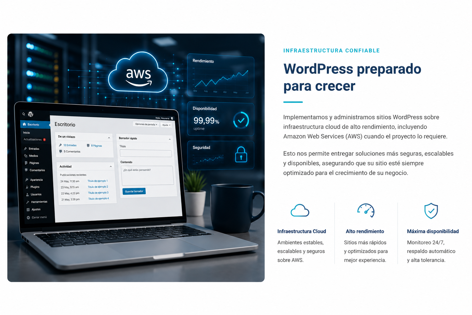 Infraestructura empresarial para sitios WordPress con alto rendimiento, seguridad y escalabilidad.