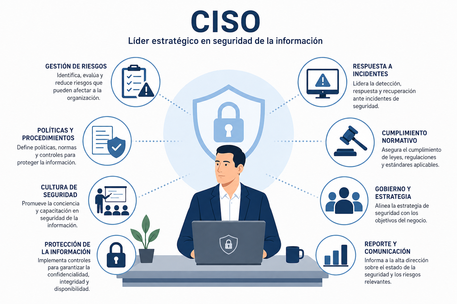 Responsable de Seguridad de la Información (CISO) liderando la estrategia de ciberseguridad y gestión de riesgos de una organización.